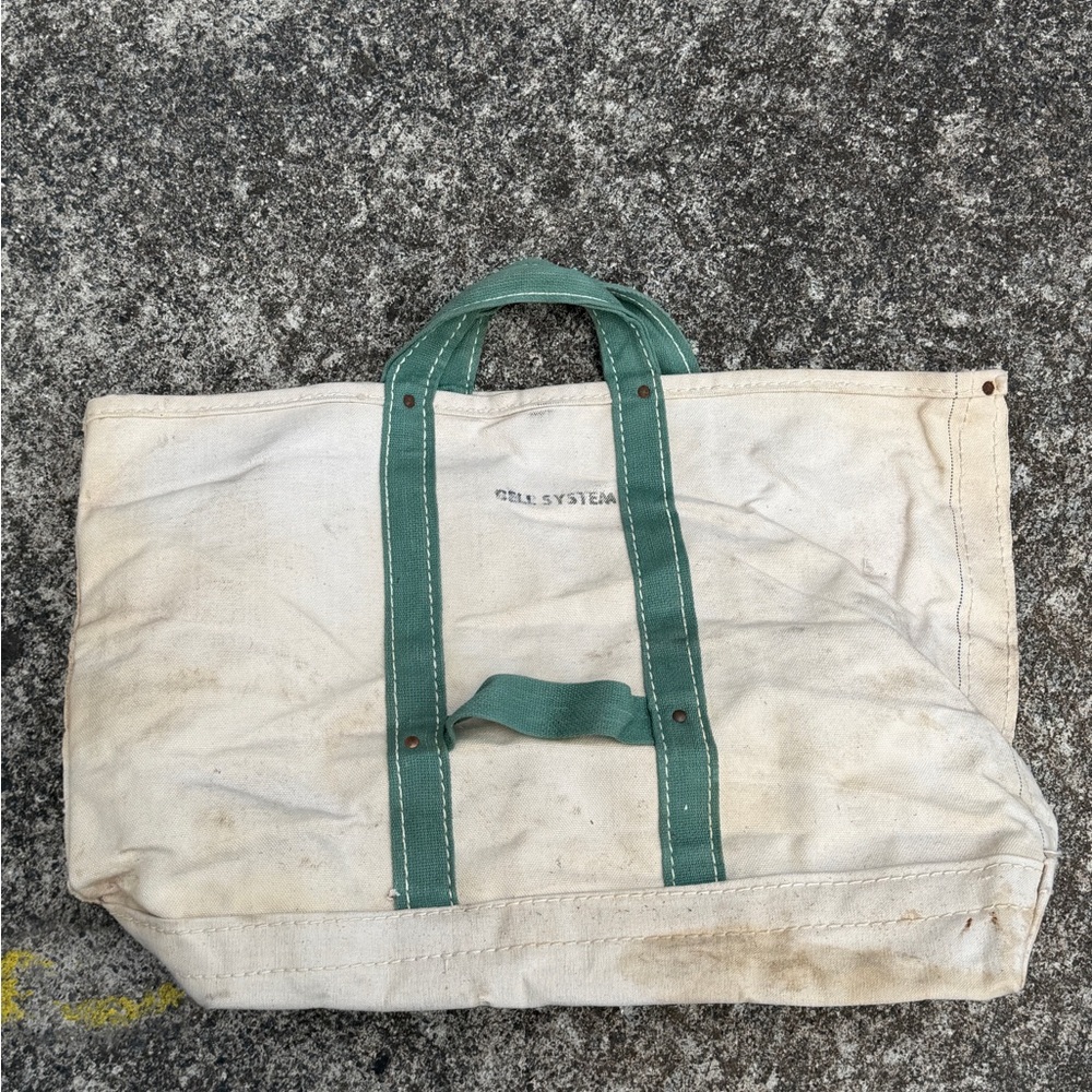 Bell System Vintage Green and Cream Canvas Tote Bag LL Bean Style
